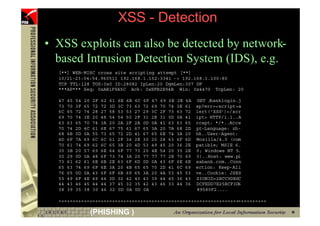 XSS - Detection
     • XSS exploits can also be detected by network-
       based Intrusion Detection System (IDS), e.g.
       [**] WEB-MISC cross site scripting attempt [**]
       10/21-23:04:54.960511 192.168.1.152:3341 -> 192.168.1.100:80
       TCP TTL:128 TOS:0x0 ID:28082 IpLen:20 DgmLen:307 DF
       ***AP*** Seq: 0xAB1F9A5C Ack: 0xEFB2E94B Win: 0x4470 TcpLen: 20

       47   45   54   20   2F   62   61   6E   6B   6C   6F   67   69   6E   2E   6A   GET /banklogin.j
       73   70   3F   65   72   72   3D   3C   73   63   72   69   70   74   3E   61   sp?err=<script>a
       6C   65   72   74   28   27   58   53   53   27   29   3C   2F   73   63   72   lert('XSS')</scr
       69   70   74   3E   20   48   54   54   50   2F   31   2E   31   0D   0A   41   ipt> HTTP/1.1..A
       63   63   65   70   74   3A   20   2A   2F   2A   0D   0A   41   63   63   65   ccept: */*..Acce
       70   74   2D   4C   61   6E   67   75   61   67   65   3A   20   7A   68   2D   pt-Language: zh-
       68   6B   0D   0A   55   73   65   72   2D   41   67   65   6E   74   3A   20   hk..User-Agent:
       4D   6F   7A   69   6C   6C   61   2F   34   2E   30   20   28   63   6F   6D   Mozilla/4.0 (com
       70   61   74   69   62   6C   65   3B   20   4D   53   49   45   20   36   2E   patible; MSIE 6.
       30   3B   20   57   69   6E   64   6F   77   73   20   4E   54   20   35   2E   0; Windows NT 5.
       30   29   0D   0A   48   6F   73   74   3A   20   77   77   77   2E   70   69   0)..Host: www.pi
       73   61   62   61   6E   6B   2E   63   6F   6D   0D   0A   43   6F   6E   6E   sabank.com..Conn
       65   63   74   69   6F   6E   3A   20   4B   65   65   70   2D   41   6C   69   ection: Keep-Ali
       76   65   0D   0A   43   6F   6F   6B   69   65   3A   20   4A   53   45   53   ve..Cookie: JSES
       53   49   4F   4E   49   44   3D   32   42   43   43   39   44   45   36   43   SIONID=2BCC9DE6C
       44   43   46   45   44   44   37   45   32   35   42   43   46   33   44   36   DCFEDD7E25BCF3D6
       38   39   35   38   30   46   32   0D   0A   0D   0A                            89580F2....

       =+=+=+=+=+=+=+=+=+=+=+=+=+=+=+=+=+=+=+=+=+=+=+=+=+=+=+=+=+=+=+=+=+=+=+=+=+

79                         (PHISHING )
 
