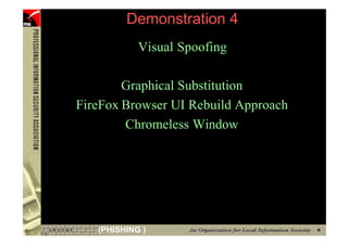 Demonstration 4
                 Visual Spoofing

             Graphical Substitution
     FireFox Browser UI Rebuild Approach
             Chromeless Window




88      (PHISHING )
 