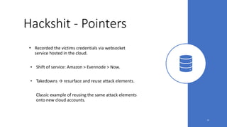 Hackshit - Pointers
• Recorded the victims credentials via websocket
service hosted in the cloud.
• Shift of service: Amazon > Evennode > Now.
• Takedowns → resurface and reuse attack elements.
• Classic example of reusing the same attack elements
onto new cloud accounts.
14
 