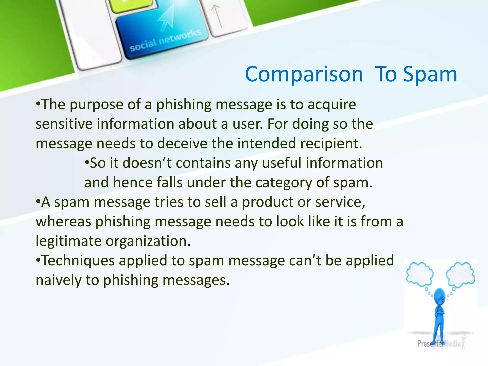 Comparison To Spam
•The purpose of a phishing message is to acquire
sensitive information about a user. For doing so the
message needs to deceive the intended recipient.
•So it doesn’t contains any useful information
and hence falls under the category of spam.
•A spam message tries to sell a product or service,
whereas phishing message needs to look like it is from a
legitimate organization.
•Techniques applied to spam message can’t be applied
naively to phishing messages.
 