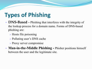 Types of Phishing
 DNS-Based - Phishing that interferes with the integrity of
the lookup process for a domain name. Forms of DNS-based
phishing are:
 Hosts file poisoning
 Polluting user’s DNS cache
 Proxy server compromise
 Man-in-the-Middle Phishing - Phisher positions himself
between the user and the legitimate site.
 