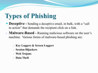 Types of Phishing
 Deceptive - Sending a deceptive email, in bulk, with a “call
to action” that demands the recipient click on a link.
 Malware-Based - Running malicious software on the user’s
machine. Various forms of malware-based phishing are:
 Key Loggers & Screen Loggers
 Session Hijackers
 Web Trojans
 Data Theft
 
