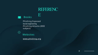 REFERENC
E
Books
Phishing Exposed
Social engineering
Phishing Attacks (IEEE
subject)
Websites
www.phishing.org
19
 