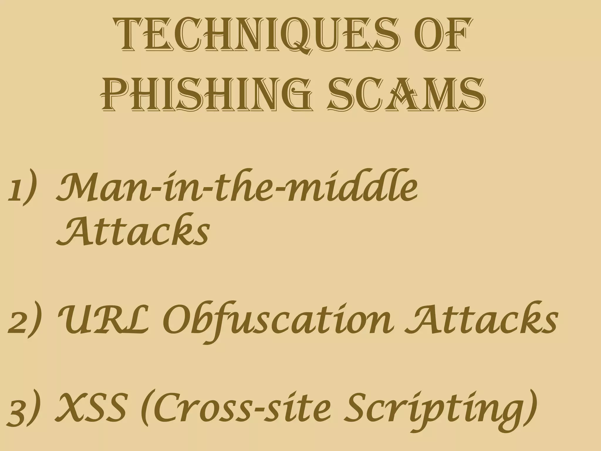 Techniques of
Phishing Scams
1) Man-in-the-middle
Attacks
2) URL Obfuscation Attacks
3) XSS (Cross-site Scripting)
 