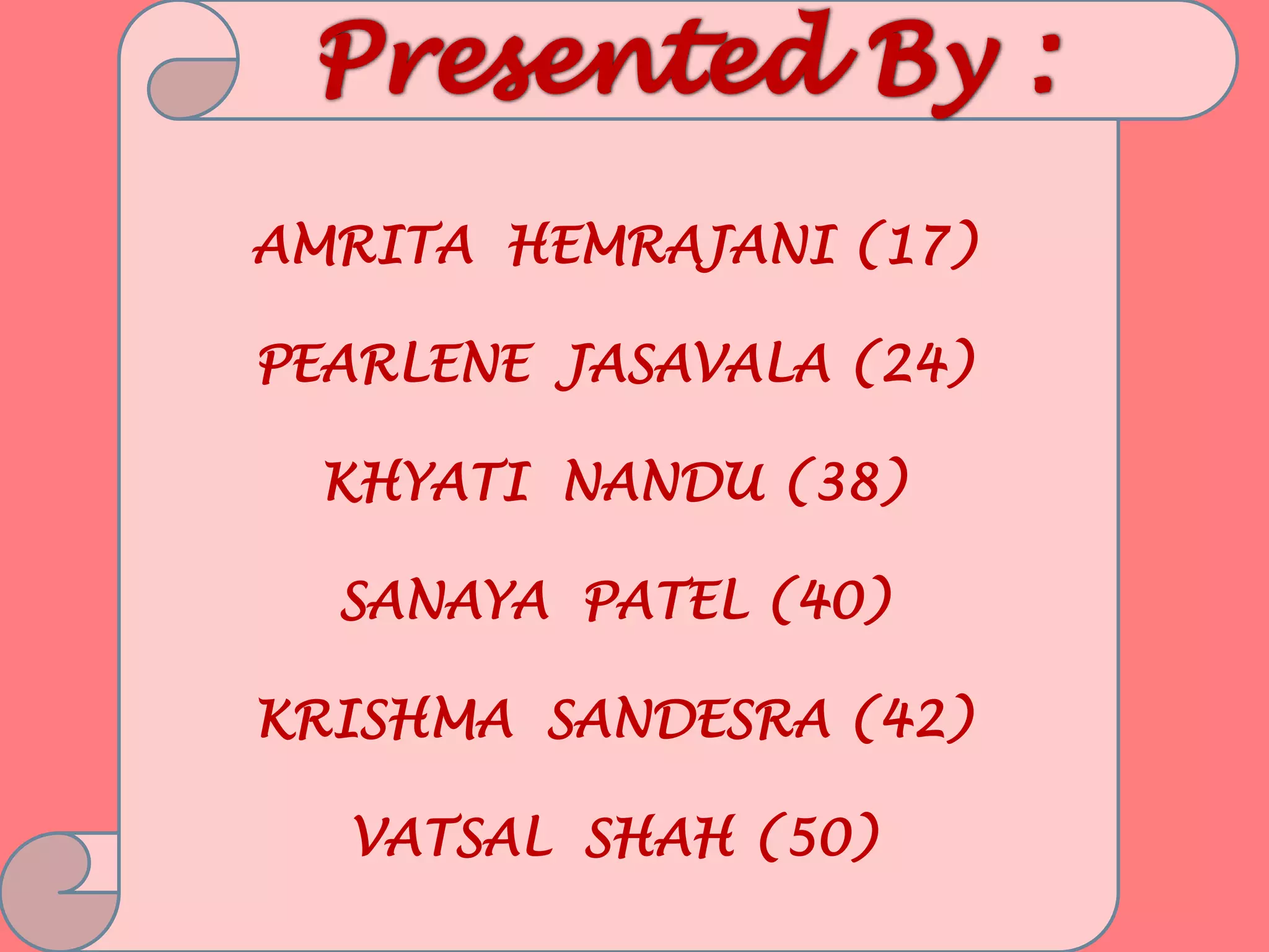 AMRITA HEMRAJANI (17)
PEARLENE JASAVALA (24)
KHYATI NANDU (38)
SANAYA PATEL (40)
KRISHMA SANDESRA (42)
VATSAL SHAH (50)
 