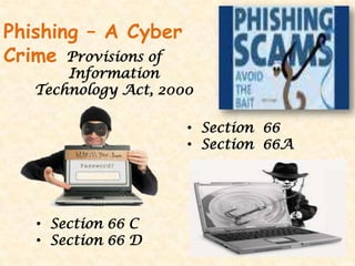 Phishing – A Cyber
Crime Provisions of
Information
Technology Act, 2000
• Section 66
• Section 66A
• Section 66 C
• Section 66 D
 