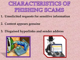 1. Unsolicited requests for sensitive information
2. Content appears genuine
3. Disguised hyperlinks and sender address
 