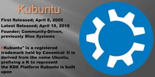 Kubuntu
First Released; April 8, 2005
Latest Released; April 18, 2019
Founder; Community-Driven,
previously Blue Systems
>Kubuntu" is a registered
trademark held by Canonical. It is
derived from the name Ubuntu,
prefixing a K to represent
the KDE Platform Kubuntu is built
upon
 