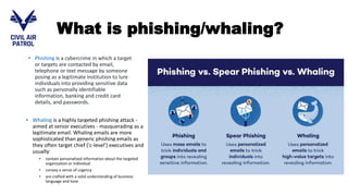 • Phishing is a cybercrime in which a target
or targets are contacted by email,
telephone or text message by someone
posing as a legitimate institution to lure
individuals into providing sensitive data
such as personally identifiable
information, banking and credit card
details, and passwords.
• Whaling is a highly targeted phishing attack -
aimed at senior executives - masquerading as a
legitimate email. Whaling emails are more
sophisticated than generic phishing emails as
they often target chief ('c-level') executives and
usually:
• contain personalized information about the targeted
organization or individual
• convey a sense of urgency
• are crafted with a solid understanding of business
language and tone
What is phishing/whaling?
 