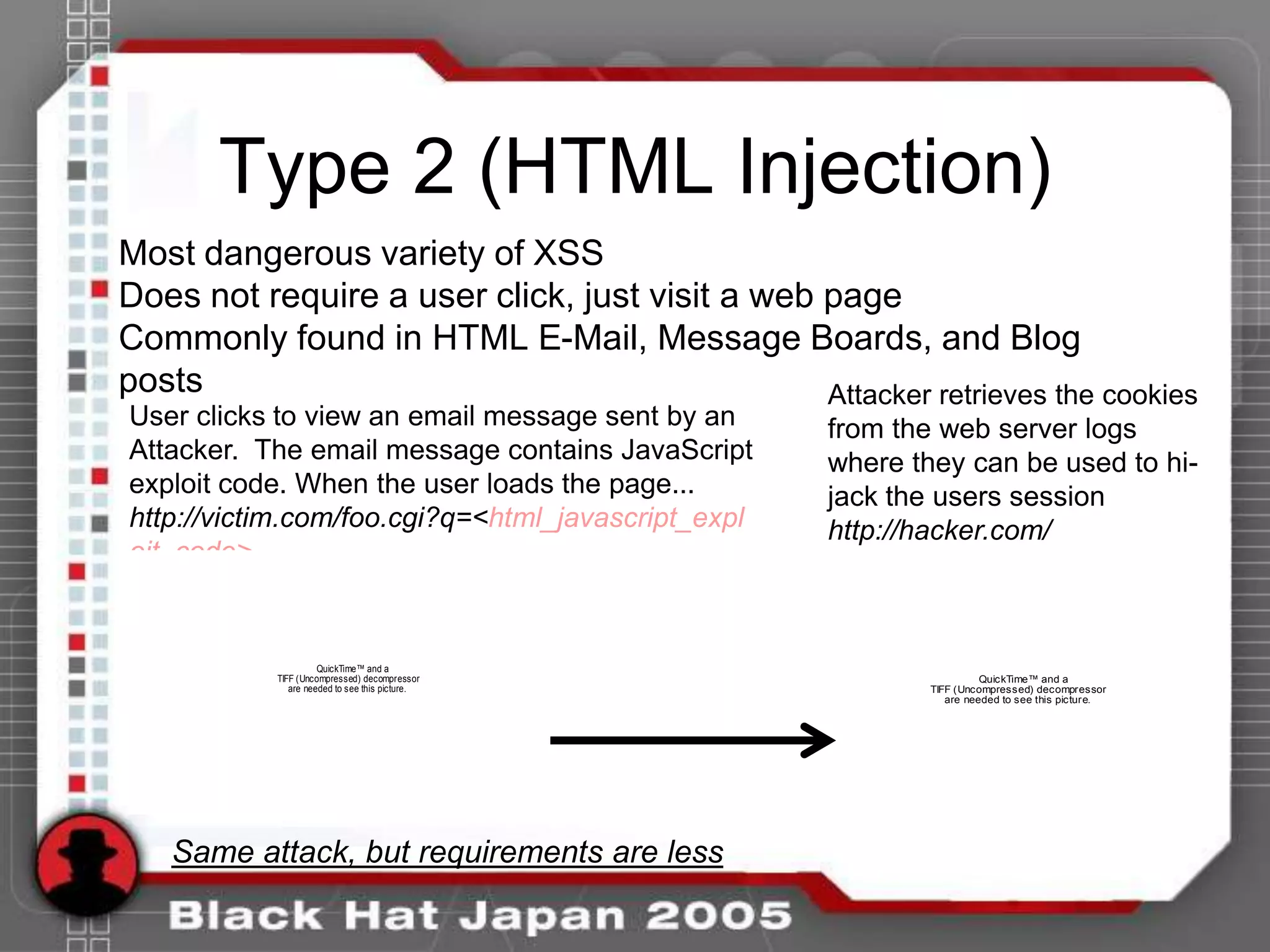 Type 2 (HTML Injection)
Most dangerous variety of XSS
Does not require a user click, just visit a web page
Commonly found in HTML E-Mail, Message Boards, and Blog
posts                                           Attacker retrieves the cookies
User clicks to view an email message sent by an     from the web server logs
Attacker. The email message contains JavaScript     where they can be used to hi-
exploit code. When the user loads the page...       jack the users session
http://victim.com/foo.cgi?q=<html_javascript_expl   http://hacker.com/
oit_code>...


                     QuickTime™ and a
           TIFF (Uncompressed) decompressor                           QuickTime™ and a
              are needed to see this picture.               TIFF (Uncompressed) decompressor
                                                               are needed to see this picture.




   Same attack, but requirements are less
 