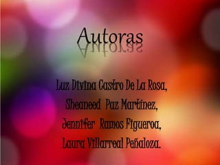 Autoras
Luz Divina Castro De La Rosa,
Sheaneed Paz Martínez,
Jennifer Ramos Figueroa,
Laura Villarreal Peñaloza.
 