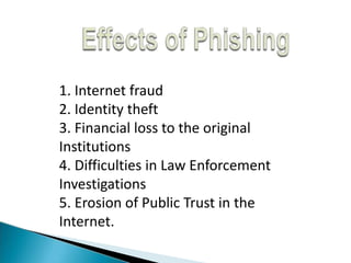 1. Internet fraud
2. Identity theft
3. Financial loss to the original
Institutions
4. Difficulties in Law Enforcement
Investigations
5. Erosion of Public Trust in the
Internet.
 