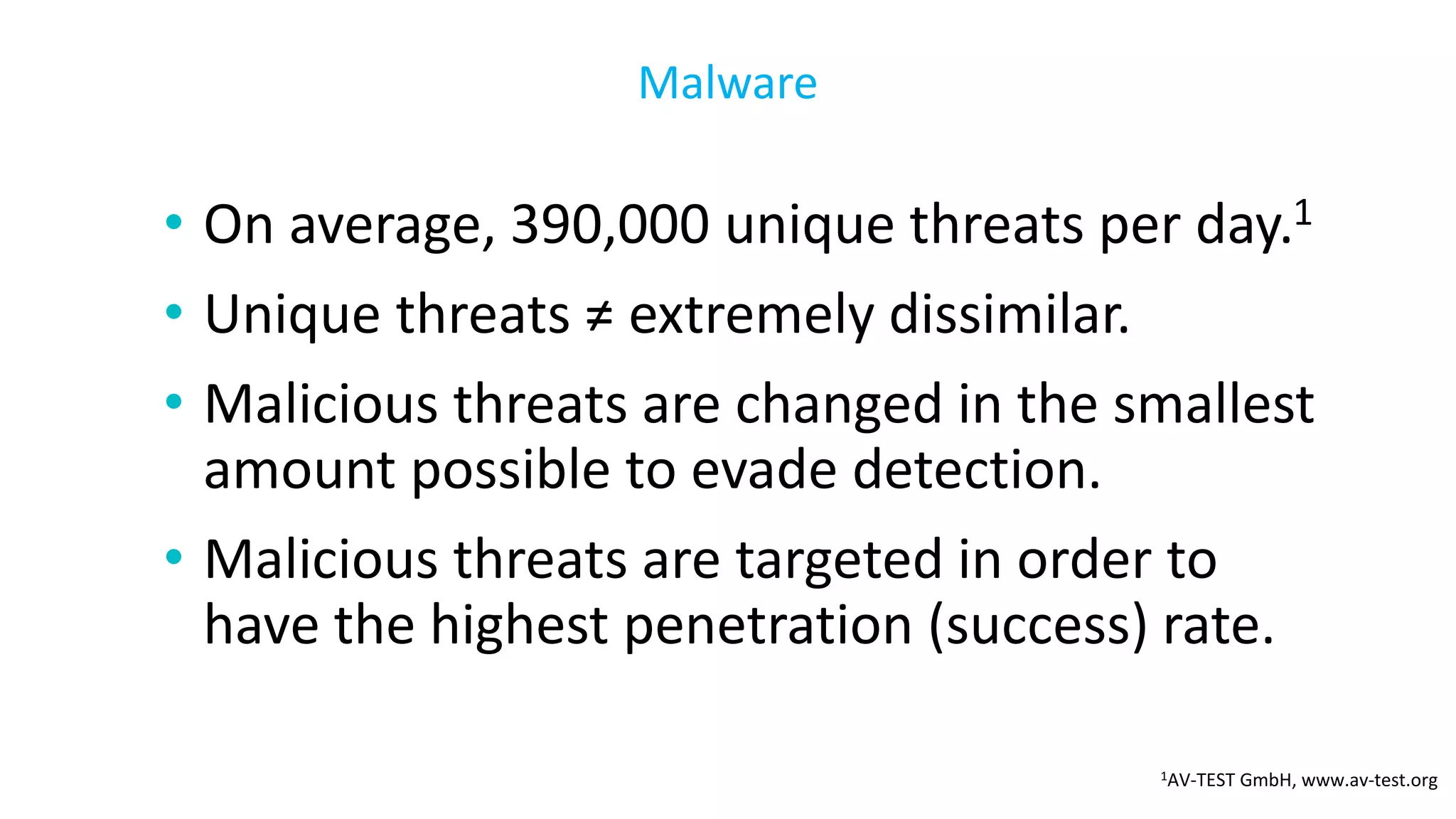 • On average, 390,000 unique threats per day.1
• Unique threats ≠ extremely dissimilar.
• Malicious threats are changed in the smallest
amount possible to evade detection.
• Malicious threats are targeted in order to
have the highest penetration (success) rate.
Malware
1AV-TEST GmbH, www.av-test.org
 