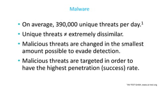 • On average, 390,000 unique threats per day.1
• Unique threats ≠ extremely dissimilar.
• Malicious threats are changed in the smallest
amount possible to evade detection.
• Malicious threats are targeted in order to
have the highest penetration (success) rate.
Malware
1AV-TEST GmbH, www.av-test.org
 