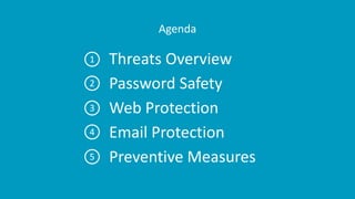 Agenda
Threats Overview
Password Safety
Web Protection
Email Protection
Preventive Measures
1
2
3
4
5
 