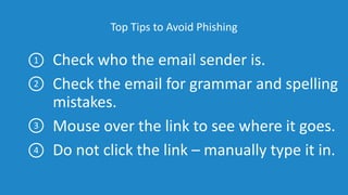 Top Tips to Avoid Phishing
Check who the email sender is.
Check the email for grammar and spelling
mistakes.
Mouse over the link to see where it goes.
Do not click the link – manually type it in.
1
2
3
4
 