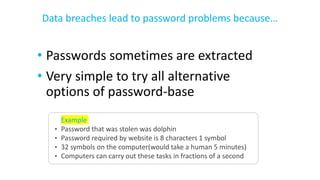 • Passwords sometimes are extracted
• Very simple to try all alternative
options of password-base
Data breaches lead to password problems because…
Example
• Password that was stolen was dolphin
• Password required by website is 8 characters 1 symbol
• 32 symbols on the computer(would take a human 5 minutes)
• Computers can carry out these tasks in fractions of a second
 