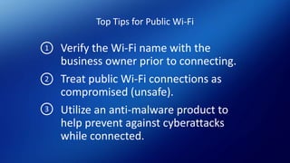 Top Tips for Public Wi-Fi
Verify the Wi-Fi name with the
business owner prior to connecting.
Treat public Wi-Fi connections as
compromised (unsafe).
Utilize an anti-malware product to
help prevent against cyberattacks
while connected.
1
2
3
 