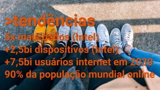 >tendências
5x mais dados (Intel)
+2,5bi dispositivos (Intel)
+7,5bi usuários internet em 2030
90% da população mundial online
 