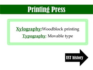 Printing Press UST history Xylography : Woodblock printing Typography :  Movable type 