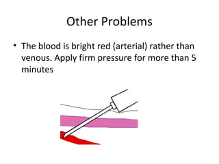 Other Problems
• The blood is bright red (arterial) rather than
venous. Apply firm pressure for more than 5
minutes
 