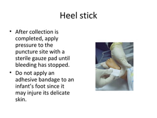 Heel stick
• After collection is
completed, apply
pressure to the
puncture site with a
sterile gauze pad until
bleeding has stopped.
• Do not apply an
adhesive bandage to an
infant’s foot since it
may injure its delicate
skin.
 