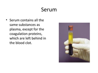 Serum
• Serum contains all the
same substances as
plasma, except for the
coagulation proteins,
which are left behind in
the blood clot.
 