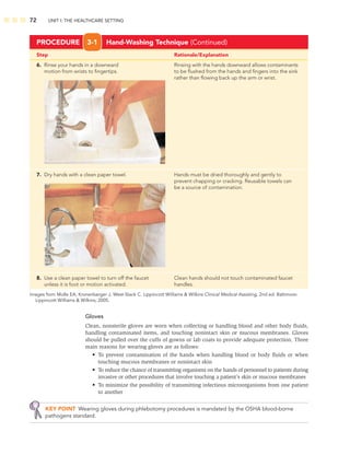 72 UNIT I: THE HEALTHCARE SETTING
Step Rationale/Explanation
6. Rinse your hands in a downward Rinsing with the hands downward allows contaminants
motion from wrists to ﬁngertips. to be ﬂushed from the hands and ﬁngers into the sink
rather than ﬂowing back up the arm or wrist.
7. Dry hands with a clean paper towel. Hands must be dried thoroughly and gently to
prevent chapping or cracking. Reusable towels can
be a source of contamination.
8. Use a clean paper towel to turn off the faucet Clean hands should not touch contaminated faucet
unless it is foot or motion activated. handles.
Images from Molle EA, Kronenberger J, West-Stack C. Lippincott Williams  Wilkins Clinical Medical Assisting, 2nd ed. Baltimore:
Lippincott Williams  Wilkins; 2005.
PROCEDURE 3-1 Hand-Washing Technique (Continued)
Gloves
Clean, nonsterile gloves are worn when collecting or handling blood and other body ﬂuids,
handling contaminated items, and touching nonintact skin or mucous membranes. Gloves
should be pulled over the cuffs of gowns or lab coats to provide adequate protection. Three
main reasons for wearing gloves are as follows:
• To prevent contamination of the hands when handling blood or body ﬂuids or when
touching mucous membranes or nonintact skin
• To reduce the chance of transmitting organisms on the hands of personnel to patients during
invasive or other procedures that involve touching a patient’s skin or mucous membranes
• To minimize the possibility of transmitting infectious microorganisms from one patient
to another
KEY POINT Wearing gloves during phlebotomy procedures is mandated by the OSHA blood-borne
pathogens standard.
 