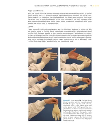 CHAPTER 3: INFECTION CONTROL, SAFETY, FIRST AID, AND PERSONAL WELLNESS 73
Proper Glove Removal
After use, gloves should be removed promptly in an aseptic manner and discarded. To remove
gloves properly (Fig. 3-3), grasp one glove at the wrist and pull it inside out and off the hand,
ending up with it in the palm of the still-gloved hand. Slip ﬁngers of the ungloved hand under
the second glove at the wrist and pull it off the hand, ending with one glove inside the other
with the contaminated surfaces inside. Hands should be sanitized immediately after glove
removal and before going to another patient.
Gowns
Clean, nonsterile, ﬂuid-resistant gowns are worn by healthcare personnel to protect the skin
and prevent soiling of clothing during patient-care activities in which splashes or sprays of
blood or body ﬂuids are possible or when entering isolation rooms (see Isolation Procedures,
below). Sterile gowns are also worn to protect certain patients (such as newborns and patients
with compromised immune systems) from contaminants on the healthcare worker’s clothing.
Most gowns are made of disposable cloth or paper, are generous in size to adequately cover
clothing, have long sleeves with knit cuffs, and fasten in the back.
Figure 3-3 Glove removal. A. The wrist of one
glove is grasped with the opposite gloved
hand. B. The glove is pulled inside out, over,
and off the hand. C. With the ﬁrst glove held
in the gloved hand, the ﬁngers of the non-
gloved hand are slipped under the wrist of the
remaining glove without touching the exterior
surfaces. D. The glove is then pulled inside
out over the hand so that the ﬁrst glove ends
up inside the second glove, with no exterior
glove surfaces exposed. E. Contaminated
gloves ready to be dropped into the proper
waste receptacle.
 