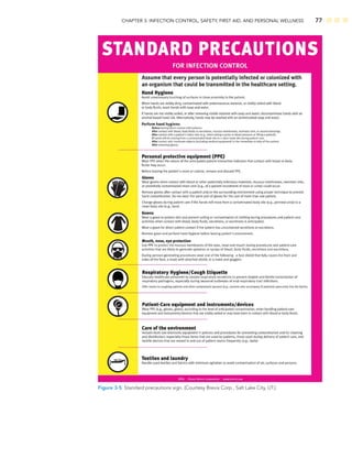 CHAPTER 3: INFECTION CONTROL, SAFETY, FIRST AID, AND PERSONAL WELLNESS 77
Figure 3-5 Standard precautions sign. (Courtesy Brevis Corp., Salt Lake City, UT.)
 