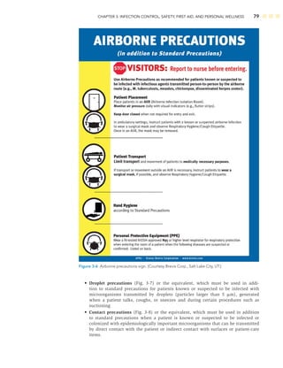 CHAPTER 3: INFECTION CONTROL, SAFETY, FIRST AID, AND PERSONAL WELLNESS 79
• Droplet precautions (Fig. 3-7) or the equivalent, which must be used in addi-
tion to standard precautions for patients known or suspected to be infected with
microorganisms transmitted by droplets (particles larger than 5 m), generated
when a patient talks, coughs, or sneezes and during certain procedures such as
suctioning
• Contact precautions (Fig. 3-8) or the equivalent, which must be used in addition
to standard precautions when a patient is known or suspected to be infected or
colonized with epidemiologically important microorganisms that can be transmitted
by direct contact with the patient or indirect contact with surfaces or patient-care
items.
Figure 3-6 Airborne precautions sign. (Courtesy Brevis Corp., Salt Lake City, UT.)
 