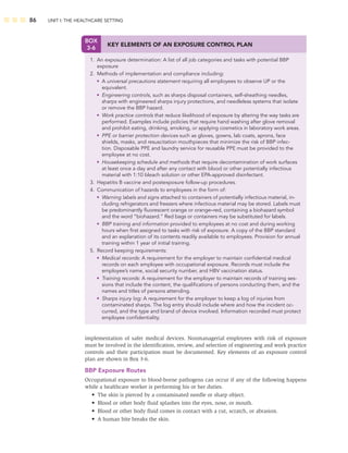 86 UNIT I: THE HEALTHCARE SETTING
implementation of safer medical devices. Nonmanagerial employees with risk of exposure
must be involved in the identiﬁcation, review, and selection of engineering and work practice
controls and their participation must be documented. Key elements of an exposure control
plan are shown in Box 3-6.
BBP Exposure Routes
Occupational exposure to blood-borne pathogens can occur if any of the following happens
while a healthcare worker is performing his or her duties.
• The skin is pierced by a contaminated needle or sharp object.
• Blood or other body ﬂuid splashes into the eyes, nose, or mouth.
• Blood or other body ﬂuid comes in contact with a cut, scratch, or abrasion.
• A human bite breaks the skin.
BOX
3-6
KEY ELEMENTS OF AN EXPOSURE CONTROL PLAN
1. An exposure determination: A list of all job categories and tasks with potential BBP
exposure
2. Methods of implementation and compliance including:
• A universal precautions statement requiring all employees to observe UP or the
equivalent.
• Engineering controls, such as sharps disposal containers, self-sheathing needles,
sharps with engineered sharps injury protections, and needleless systems that isolate
or remove the BBP hazard.
• Work practice controls that reduce likelihood of exposure by altering the way tasks are
performed. Examples include policies that require hand washing after glove removal
and prohibit eating, drinking, smoking, or applying cosmetics in laboratory work areas.
• PPE or barrier protection devices such as gloves, gowns, lab coats, aprons, face
shields, masks, and resuscitation mouthpieces that minimize the risk of BBP infec-
tion. Disposable PPE and laundry service for reusable PPE must be provided to the
employee at no cost.
• Housekeeping schedule and methods that require decontamination of work surfaces
at least once a day and after any contact with blood or other potentially infectious
material with 1:10 bleach solution or other EPA-approved disinfectant.
3. Hepatitis B vaccine and postexposure follow-up procedures.
4. Communication of hazards to employees in the form of:
• Warning labels and signs attached to containers of potentially infectious material, in-
cluding refrigerators and freezers where infectious material may be stored. Labels must
be predominantly ﬂuorescent orange or orange–red, containing a biohazard symbol
and the word “biohazard.” Red bags or containers may be substituted for labels.
• BBP training and information provided to employees at no cost and during working
hours when ﬁrst assigned to tasks with risk of exposure. A copy of the BBP standard
and an explanation of its contents readily available to employees. Provision for annual
training within 1 year of initial training.
5. Record keeping requirements:
• Medical records: A requirement for the employer to maintain conﬁdential medical
records on each employee with occupational exposure. Records must include the
employee’s name, social security number, and HBV vaccination status.
• Training records: A requirement for the employer to maintain records of training ses-
sions that include the content, the qualiﬁcations of persons conducting them, and the
names and titles of persons attending.
• Sharps injury log: A requirement for the employer to keep a log of injuries from
contaminated sharps. The log entry should include where and how the incident oc-
curred, and the type and brand of device involved. Information recorded must protect
employee conﬁdentiality.
 