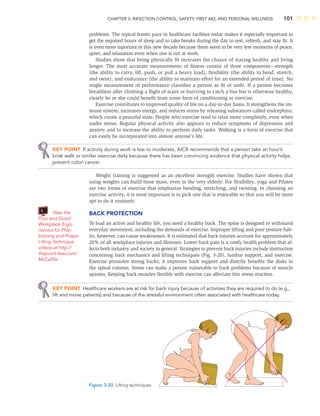 CHAPTER 3: INFECTION CONTROL, SAFETY, FIRST AID, AND PERSONAL WELLNESS 101
problems. The typical frantic pace in healthcare facilities today makes it especially important to
get the required hours of sleep and to take breaks during the day to rest, refresh, and stay ﬁt. It
is even more inportant in this new decade because there seem to be very few moments of peace,
quiet, and relaxation even when one is not at work.
Studies show that being physically ﬁt increases the chance of staying healthy and living
longer. The most accurate measurements of ﬁtness consist of three components—strength
(the ability to carry, lift, push, or pull a heavy load), ﬂexibility (the ability to bend, stretch,
and twist), and endurance (the ability to maintain effort for an extended period of time). No
single measurement of performance classiﬁes a person as ﬁt or unﬁt. If a person becomes
breathless after climbing a ﬂight of stairs or hurrying to catch a bus but is otherwise healthy,
clearly he or she could beneﬁt from some form of conditioning or exercise.
Exercise contributes to improved quality of life on a day-to-day basis. It strengthens the im-
mune system, increases energy, and reduces stress by releasing substances called endorphins,
which create a peaceful state. People who exercise tend to relax more completely, even when
under stress. Regular physical activity also appears to reduce symptoms of depression and
anxiety and to increase the ability to perform daily tasks. Walking is a form of exercise that
can easily be incorporated into almost anyone’s life.
KEY POINT If activity during work is low to moderate, AICR recommends that a person take an hour’s
brisk walk or similar exercise daily because there has been convincing evidence that physical activity helps
prevent colon cancer.
Weight training is suggested as an excellent strength exercise. Studies have shown that
using weights can build bone mass, even in the very elderly. For ﬂexibility, yoga and Pilates
are two forms of exercise that emphasize bending, stretching, and twisting. In choosing an
exercise activity, it is most important is to pick one that is enjoyable so that you will be more
apt to do it routinely.
BACK PROTECTION
To lead an active and healthy life, you need a healthy back. The spine is designed to withstand
everyday movement, including the demands of exercise. Improper lifting and poor posture hab-
its, however, can cause weaknesses. It is estimated that back injuries account for approximately
20% of all workplace injuries and illnesses. Lower back pain is a costly health problem that af-
fects both industry and society in general. Strategies to prevent back injuries include instruction
concerning back mechanics and lifting techniques (Fig. 3-20), lumbar support, and exercise.
Exercise promotes strong backs; it improves back support and directly beneﬁts the disks in
the spinal column. Stress can make a person vulnerable to back problems because of muscle
spasms. Keeping back muscles ﬂexible with exercise can alleviate this stress reaction.
KEY POINT Healthcare workers are at risk for back injury because of activities they are required to do (e.g.,
lift and move patients) and because of the stressful environment often associated with healthcare today.
View the
Poor and Good
Workplace Ergo-
nomics for Phle-
botomy and Proper
Lifting Technique
videos at http://
thepoint.lww.com/
McCall5e.
Figure 3-20 Lifting techniques.
 