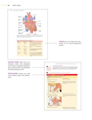 xii USER’S GUIDE
ONLINE ICONS direct you to in-
formative videos and animations
on the book’s companion website at
http://thepoint.lww.com/McCall5e
that bring material to life.
PROCEDURES present you with
easy-to-follow steps with explana-
tions.
TABLES give you important infor-
mation in an easy-to-understand
format.
 