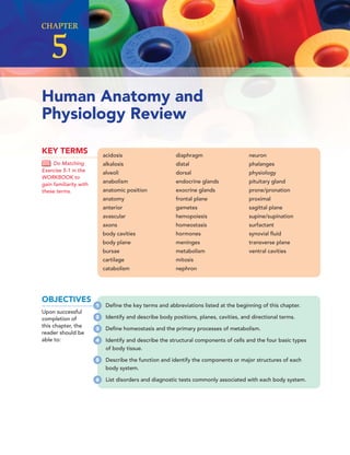 Human Anatomy and
Physiology Review
CHAPTER
5
acidosis
alkalosis
alveoli
anabolism
anatomic position
anatomy
anterior
avascular
axons
body cavities
body plane
bursae
cartilage
catabolism
diaphragm
distal
dorsal
endocrine glands
exocrine glands
frontal plane
gametes
hemopoiesis
homeostasis
hormones
meninges
metabolism
mitosis
nephron
neuron
phalanges
physiology
pituitary gland
prone/pronation
proximal
sagittal plane
supine/supination
surfactant
synovial ﬂuid
transverse plane
ventral cavities
KEY TERMS
Do Matching
Exercise 5-1 in the
WORKBOOK to
gain familiarity with
these terms.
OBJECTIVES
Upon successful
completion of
this chapter, the
reader should be
able to:
1 Deﬁne the key terms and abbreviations listed at the beginning of this chapter.
2 Identify and describe body positions, planes, cavities, and directional terms.
3 Deﬁne homeostasis and the primary processes of metabolism.
4 Identify and describe the structural components of cells and the four basic types
of body tissue.
5 Describe the function and identify the components or major structures of each
body system.
6 List disorders and diagnostic tests commonly associated with each body system.
 