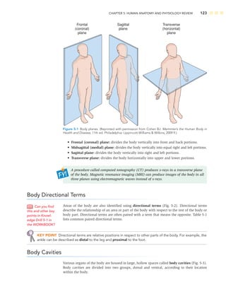 CHAPTER 5: HUMAN ANATOMY AND PHYSIOLOGY REVIEW 123
• Frontal (coronal) plane: divides the body vertically into front and back portions.
• Midsagittal (medial) plane: divides the body vertically into equal right and left portions.
• Sagittal plane: divides the body vertically into right and left portions.
• Transverse plane: divides the body horizontally into upper and lower portions.
A procedure called computed tomography (CT) produces x-rays in a transverse plane
of the body. Magnetic resonance imaging (MRI) can produce images of the body in all
three planes using electromagnetic waves instead of x-rays.
Body Directional Terms
Areas of the body are also identiﬁed using directional terms (Fig. 5-2). Directional terms
describe the relationship of an area or part of the body with respect to the rest of the body or
body part. Directional terms are often paired with a term that means the opposite. Table 5-1
lists common paired directional terms.
KEY POINT Directional terms are relative positions in respect to other parts of the body. For example, the
ankle can be described as distal to the leg and proximal to the foot.
Body Cavities
Various organs of the body are housed in large, hollow spaces called body cavities (Fig. 5-3).
Body cavities are divided into two groups, dorsal and ventral, according to their location
within the body.
Can you ﬁnd
this and other key
points in Knowl-
edge Drill 5-1 in
the WORKBOOK?
Transverse
(horizontal)
plane
Sagittal
plane
Frontal
(coronal)
plane
Figure 5-1 Body planes. (Reprinted with permission from Cohen BJ. Memmler’s the Human Body in
Health and Disease, 11th ed. Philadelphia: Lippincott Williams  Wilkins; 2009:9.)
 
