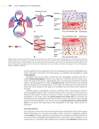 148 UNIT II: OVERVIEW OF THE HUMAN BODY
into the capillaries in the lungs binds to the iron-containing heme portion of hemoglobin mol-
ecules. Very little is dissolved in the blood plasma. O2 combined with hemoglobin is called
oxyhemoglobin.
Hemoglobin also has the ability to bind with CO2. Hemoglobin combined with CO2 is
called carbaminohemoglobin. However, only about 20% of the CO2 from the tissues is car-
ried to the lungs in this manner. Approximately 10% is carried as gas dissolved in the blood
plasma. The remaining 70% is carried as bicarbonate ion, which is formed in the red blood
cells and released into the blood plasma. In the lungs, the bicarbonate ion reenters the red
blood cells and is released as CO2 again so it can diffuse into the alveoli and be exhaled by
the body.
Whether oxygen or hemoglobin associates (combines) with or disassociates (releases)
from hemoglobin depends upon the partial pressure (P) of each gas. Partial pressure is
deﬁned as the pressure exerted by one gas in a mixture of gases. Oxygen associates with
hemoglobin in the lungs, where the partial pressure of oxygen (Po2) is increased, and
disassociates from hemoglobin in the tissues, where the Po2 is decreased. Carbon dioxide
associates with hemoglobin in the tissues, where the partial pressure of carbon dioxide
(Pco2) is increased, and disassociates with hemoglobin in the lungs, where the Pco2 is
decreased.
Acid–Base Balance
CO2 levels play a major role in the acid–base (pH) balance of the blood. If CO2 levels increase,
blood pH decreases (i.e., becomes more acidic), which can lead to a dangerous condition
called acidosis. The body responds by increasing the rate of respiration (hyperventilation) to
increase O2 levels. Prolonged hyperventilation causes a decrease in CO2, resulting in an in-
crease in pH (i.e., the blood is more alkaline) and a condition called alkalosis. During normal
Alveolus (air sac)
Capillaries
Capillary bed
in tissue
Cells
Capillary
wall
Capillary
wall
Interstitial
fluid
Body
cells
Alveolar
wall
Alveolus
Capillary
Capillary
Erythrocyte
Erythrocyte
O2 concentration high
O2 concentration high
CO2 concentration high
CO2 concentration high
A
B
CO2
O2
Figure 5-16 Gas exchange. A. External exchange between the alveoli and the blood. Oxygen diffuses into the blood and carbon
dioxide diffuses out, based on concentration of the two gases in the alveoli and the blood. B. Internal exchange between the
blood and the cells. Oxygen diffuses out of the blood and into the tissues, while carbon dioxide diffuses from the cells into the
blood. (Reprinted with permission from Cohen BJ. Memmler’s the Human Body in Health and Disease, 11th ed. Philadelphia:
Williams  Wilkins; 2009:93.)
 