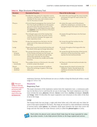 CHAPTER 5: HUMAN ANATOMY AND PHYSIOLOGY REVIEW 149
respiratory function, the bicarbonate ion acts as a buffer to keep the blood pH within a steady
range of 7.35 to 7.45.
Structures
Respiratory Tract
The major structures of the respiratory system form the respiratory tract, a continuous path-
way for the ﬂow of air to and from the air sacs in the lungs. The major respiratory tract struc-
tures include the nose, pharynx (throat), larynx (voice box), trachea (windpipe), bronchi,
and lungs. Table 5-8 describes the major respiratory tract structures in the order of the ﬂow
of air to the lungs.
Lungs
The human body has two lungs, a right with three lobes and a left with only two lobes be-
cause of the space needed for the heart. The lungs are encased in a thin membrane consisting
of several layers called pleura. An inﬁnitely small space between the layer that covers the
lungs and one that lines the inner thoracic cavity is called the pleural space or cavity.
Fluid within the pleural cavity (pleural ﬂuid) helps keep the lungs expanded by reduc-
ing surface tension. It also helps prevent friction as the lungs expand and contract.
Test your
ability to identify
respiratory system
structures with
Labeling Exer-
cise 5-14 in the
WORKBOOK.
TABLE 5-8 Major Structures of Respiratory Tract
Structure Description/Function Flow of Air to the Lungs
Nose Provides the main airway for respiration warms,
moistens, and ﬁlters air; provides a resonance
chamber for the voice; and contains recep-
tors for the sense of smell
Air enters the nose through the nares (nostrils)
and passes through the nasal cavities into
the pharynx
Pharynx A funnel-shaped passageway that receives food
from the mouth and delivers it to the esopha-
gus and air from the nose and carries it into
the larynx. (A thin, leaf-shaped structure called
the epiglottis covers the entrance of the larynx
during swallowing)
Air enters the upper end of the pharynx,
called the nasopharynx, and exits via the
laryngeal pharynx that opens into the larynx
Larynx The enlarged upper end of the trachea that
houses the vocal cords, the ends of which
mark the division between the upper and
lower respiratory tracts
Air passes through the larynx into the lower
trachea
Trachea A tube that extends from the larynx into the
upper part of the chest and carries air to
the lungs
Air moves through the trachea into the
bronchi in the lungs
Lungs Organs that house the bronchial branches and
the alveoli where gas exchange takes place
Air moves throughout the lungs within the
bronchi
Bronchi
(singular,
bronchus)
Two airways that branch off the lower end
of the trachea and lead into the lungs; one
branch each into the left and right lungs,
where they subdivide into secondary
bronchi that divide into smaller and smaller
branches
Air moves through the branches of the bronchi,
referred to as the bronchial tree, until it
reaches the terminal bronchioles
Terminal
bronchioles
The smallest divisions of the bronchi, the ends
of which contain the alveoli
Air ﬂows out of the terminal bronchioles into
the alveoli
Alveoli
(singular,
alveolus)
Tiny air sacs covered with blood capillaries
where the exchange of gases in the lungs
takes place
Oxygen leaves the alveoli and enters the
capillaries. Carbon dioxide leaves the
capillaries and enters the alveoli to be
expired
 
