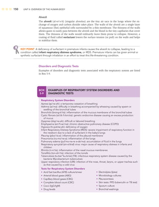 150 UNIT II: OVERVIEW OF THE HUMAN BODY
Alveoli
The alveoli (al-ve’o-li) (singular alveolus) are the tiny air sacs in the lungs where the ex-
change of oxygen and carbon dioxide takes place. The walls of the alveoli are a single layer
of squamous (ﬂat) epithelial cells surrounded by a thin membrane. The thinness of the walls
allows gases to easily pass between the alveoli and the blood in the tiny capillaries that cover
them. The thinness of the walls would ordinarily leave them prone to collapse. However, a
coating of ﬂuid called surfactant lowers the surface tension (or pull) on the walls and helps
to stabilize them.
KEY POINT A deﬁciency of surfactant in premature infants causes the alveoli to collapse, leading to a
condition called infant respiratory distress syndrome, or IRDS. Premature infants can be given animal or
synthetic surfactant through inhalation in an effort to treat this life-threatening condition.
Disorders and Diagnostic Tests
Examples of disorders and diagnostic tests associated with the respiratory system are listed
in Box 5-9.
BOX
5-9
EXAMPLES OF RESPIRATORY SYSTEM DISORDERS AND
DIAGNOSTIC TESTS
Respiratory System Disorders
Apnea (ap’ne-ah): a temporary cessation of breathing
Asthma (az’ma): difﬁculty in breathing accompanied by wheezing caused by spasm or
swelling of the bronchial tubes
Bronchitis (brong-ki’tis): inﬂammation of the mucous membrane of the bronchial tubes
Cystic ﬁbrosis (sis’tik ﬁ-bro’sis): genetic endocrine disease causing an excess production
of mucus
Dyspnea (disp’ne-ah): difﬁcult or labored breathing
Emphysema (em‘ﬁ-se’ma): chronic obstructive pulmonary disease (COPD)
Hypoxia (hi-pok’se-ah): deﬁciency of oxygen
Infant Respiratory Distress Syndrome (IRDS): severe impairment of respiratory function in
the newborn due to a lack of surfactant in the baby’s lungs
Pleurisy (ploo’ris-e): inﬂammation of the pleural membrane
Pneumonia (nu-mo’ne-a): inﬂammation of the lungs
Pulmonary edema (pul’mo-ne-re e-de’ma): accumulation of ﬂuid in the lungs
Respiratory syncytial (sin-si’shal) virus: major cause of respiratory distress in infants and
children
Rhinitis (ri-ni’tis): inﬂammation of the nasal mucous membranes
Tonsillitis (ton-sil-i’tis): infection of the tonsils
Tuberculosis (tu-ber”ku-lo’sis) (TB): infectious respiratory system disease caused by the
bacteria Mycobacterium tuberculosis
Upper respiratory infection (URI): infection of the nose, throat, larynx, or upper trachea such
as that caused by a cold virus
Tests for Respiratory System Disorders
• Acid fast bacillus (AFB) culture/smear
• Arterial blood gases (ABG)
• Capillary blood gases (CBG)
• Complete blood count (CBC)
• Cocci (IgG/IgM)
• Drug levels
• Electrolytes (lytes)
• Microbiology cultures
• Pleuracentesis
• Skin tests: PPD (tuberculin or TB test)
• Sputum culture
• Bronchial washings
 