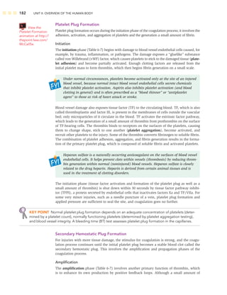 182 UNIT II: OVERVIEW OF THE HUMAN BODY
Platelet Plug Formation
Platelet plug formation occurs during the initiation phase of the coagulation process; it involves the
adhesion, activation, and aggregation of platelets and the generation a small amount of ﬁbrin.
Initiation
The initiation phase (Table 6-7) begins with damage to blood vessel endothelial cells caused, for
example, by trauma, inﬂammation, or pathogens. The damage exposes a “gluelike” substance
called von Willebrand (vWF) factor, which causes platelets to stick to the damaged tissue (plate-
let adhesion) and become partially activated. Enough clotting factors are released from the
initial platelet mass to form thrombin, which then begins ﬁbrin generation on a small scale.
Under normal circumstances, platelets become activated only at the site of an injured
blood vessel, because normal intact blood vessel endothelial cells secrete chemicals
that inhibit platelet activation. Aspirin also inhibits platelet activation (and blood
clotting in general) and is often prescribed as a “blood thinner” or “antiplatelet
agent” to those at risk of heart attack or stroke.
Blood vessel damage also exposes tissue factor (TF) to the circulating blood. TF, which is also
called thromboplastin and factor III, is present in the membranes of cells outside the vascular
bed; only microparticles of it circulate in the blood. TF activates the extrinsic factor pathway,
which leads to the generation of a small amount of thrombin from prothrombin on the surface
of TF-bearing cells. The thrombin binds to receptors on the surfaces of the platelets, causing
them to change shape, stick to one another (platelet aggregation), become activated, and
recruit other platelets to the injury. Some of the thrombin converts ﬁbrinogen to soluble ﬁbrin.
The combination of platelet adhesion, aggregation, and ﬁbrin generation results in the forma-
tion of the primary platelet plug, which is composed of soluble ﬁbrin and activated platelets.
Heparan sulfate is a naturally occurring anticoagulant on the surfaces of blood vessel
endothelial cells. It helps prevent clots within vessels (thrombosis) by reducing throm-
bin generation within normal (noninjured) blood vessels. Heparan sulfate is closely
related to the drug heparin. Heparin is derived from certain animal tissues and is
used in the treatment of clotting disorders.
The initiation phase (tissue factor activation and formation of the platelet plug as well as a
small amount of thrombin) is shut down within 30 seconds by tissue factor pathway inhibi-
tor (TFPI), a protein secreted by endothelial cells that inactivates factors Xa and TF/VIIa. For
some very minor injuries, such as a needle puncture of a vein, platelet plug formation and
applied pressure are sufﬁcient to seal the site, and coagulation goes no further.
KEY POINT Normal platelet plug formation depends on an adequate concentration of platelets (deter-
mined by a platelet count), normally functioning platelets (determined by platelet aggregation testing),
and blood vessel integrity. A bleeding time (BT) test assesses platelet plug formation in the capillaries.
Secondary Hemostatic Plug Formation
For injuries with more tissue damage, the stimulus for coagulation is strong, and the coagu-
lation process continues until the initial platelet plug becomes a stable blood clot called the
secondary hemostatic plug. This involves the ampliﬁcation and propagation phases of the
coagulation process.
Ampliﬁcation
The ampliﬁcation phase (Table 6-7) involves another primary function of thrombin, which
is to enhance its own production by positive feedback loops. Although a small amount of
View the
Platelet Formation
animation at http://
thepoint.lww.com/
McCall5e.
 