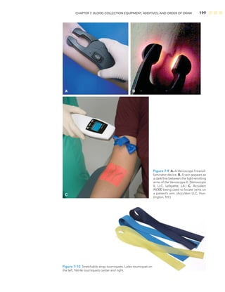 CHAPTER 7: BLOOD COLLECTION EQUIPMENT, ADDITIVES, AND ORDER OF DRAW 199
A B
C
Figure 7-9 A. A Venoscope II transil-
luminator device. B. A vein appears as
a dark line between the light-emitting
arms of the Venoscope II. (Venoscope
II, LLC, Lafayette, LA.) C. AccuVein
AV300 being used to locate veins on
a patient’s arm. (AccuVein LLC, Hun-
tington, NY.)
Figure 7-10 Stretchable strap tourniquets. Latex tourniquet on
the left. Nitrile tourniquets center and right.
 
