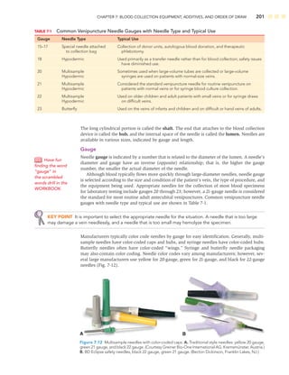 CHAPTER 7: BLOOD COLLECTION EQUIPMENT, ADDITIVES, AND ORDER OF DRAW 201
The long cylindrical portion is called the shaft. The end that attaches to the blood collection
device is called the hub, and the internal space of the needle is called the lumen. Needles are
available in various sizes, indicated by gauge and length.
Gauge
Needle gauge is indicated by a number that is related to the diameter of the lumen. A needle’s
diameter and gauge have an inverse (opposite) relationship; that is, the higher the gauge
number, the smaller the actual diameter of the needle.
Although blood typically ﬂows more quickly through large-diameter needles, needle gauge
is selected according to the size and condition of the patient’s vein, the type of procedure, and
the equipment being used. Appropriate needles for the collection of most blood specimens
for laboratory testing include gauges 20 through 23; however, a 21-gauge needle is considered
the standard for most routine adult antecubital venipunctures. Common venipuncture needle
gauges with needle type and typical use are shown in Table 7-1.
KEY POINT It is important to select the appropriate needle for the situation. A needle that is too large
may damage a vein needlessly, and a needle that is too small may hemolyze the specimen.
Manufacturers typically color code needles by gauge for easy identiﬁcation. Generally, multi-
sample needles have color-coded caps and hubs, and syringe needles have color-coded hubs.
Butterﬂy needles often have color-coded “wings.” Syringe and butterﬂy needle packaging
may also contain color coding. Needle color codes vary among manufacturers; however, sev-
eral large manufacturers use yellow for 20-gauge, green for 21-gauge, and black for 22-gauge
needles (Fig. 7-12).
Have fun
ﬁnding the word
”gauge” in
the scrambled
words drill in the
WORKBOOK.
TABLE 7-1 Common Venipuncture Needle Gauges with Needle Type and Typical Use
Gauge Needle Type Typical Use
15–17 Special needle attached Collection of donor units, autologous blood donation, and therapeutic
to collection bag phlebotomy.
18 Hypodermic Used primarily as a transfer needle rather than for blood collection; safety issues
have diminished use.
20 Multisample Sometimes used when large-volume tubes are collected or large-volume
Hypodermic syringes are used on patients with normal-size veins.
21 Multisample Considered the standard venipuncture needle for routine venipuncture on
Hypodermic patients with normal veins or for syringe blood culture collection.
22 Multisample Used on older children and adult patients with small veins or for syringe draws
Hypodermic on difﬁcult veins.
23 Butterﬂy Used on the veins of infants and children and on difﬁcult or hand veins of adults.
B
A
Figure 7-12 Multisample needles with color-coded caps. A. Traditional style needles: yellow 20 gauge,
green 21 gauge, and black 22 gauge. (Courtesy Greiner Bio-One International AG, Kremsmünster, Austria.)
B. BD Eclipse safety needles, black 22 gauge, green 21 gauge. (Becton Dickinson, Franklin Lakes, NJ.)
 