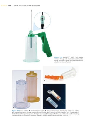 204 UNIT III: BLOOD COLLECTION PROCEDURES
Figure 7-14 VACUETTE®
VISIO PLUS needle
with see-through hub attached to a safety tube
holder. (Courtesy Greiner Bio-One International
AG, Kremsmünster, Austria.)
A
B
C
Figure 7-15 Tube holders. A. Traditional tube holder. B. JELCO Venipuncture Needle-Pro®
safety tube holder
with resheathing device. (Image courtesy Smiths Medical North America. JELCO, Needle-Pro is a trademark of
Smiths Medical Family of Companies. All Rights Reserved.) C. Vanishpoint®
safety tube holder with needle-retracting
device attached to a traditional nonsafety needle. (Courtesy Retractible Technologies, Little Elm, TX.)
 