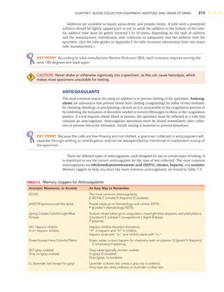 CHAPTER 7: BLOOD COLLECTION EQUIPMENT, ADDITIVES, AND ORDER OF DRAW 215
Additives are available in liquid, spray-dried, and powder forms. A tube with a powdered
additive should be lightly tapped prior to use to settle the additive to the bottom of the tube.
An additive tube must be gently inverted 3 to 10 times, depending on the type of additive
and the manufacturer, immediately after collection to adequately mix the additive with the
specimen. (See the tube guides in Appendix F for tube inversion information from two major
tube manufacturers.)
KEY POINT According to tube manufacturer Becton Dickinson (BD), each inversion requires turning the
wrist 180 degrees and back again.
CAUTION: Never shake or otherwise vigorously mix a specimen, as this can cause hemolysis, which
makes most specimens unsuitable for testing.
ANTICOAGULANTS
The most common reason for using an additive is to prevent clotting of the specimen. Anticoag-
ulants are substances that prevent blood from clotting (coagulating) by either of two methods:
by chelating (binding) or precipitating calcium so it is unavailable to the coagulation process or
by inhibiting the formation of thrombin needed to convert ﬁbrinogen to ﬁbrin in the coagulation
process. If a test requires whole blood or plasma, the specimen must be collected in a tube that
contains an anticoagulant. Anticoagulant specimens must be mixed immediately after collec-
tion to prevent microclot formation. Gentle mixing is essential to prevent hemolysis.
KEY POINT Because the cells are free-ﬂowing and not clotted, a specimen collected in anticoagulant will
separate through settling or centrifugation and can be resuspended by intentional or inadvertent mixing of
the specimen.
There are different types of anticoagulants, each designed for use in certain types of testing. It
is important to use the correct anticoagulant for the type of test collected. The most common
anticoagulants are ethylenediaminetetraacetic acid (EDTA), citrates, heparin, and oxalates.
Memory joggers to help you learn the most common anticoagulants are found in Table 7-3.
TABLE 7-3 Memory Joggers for Anticoagulants
Acronym, Mnemonic, or Acrostic An Easy Way to Remember
ECHO The most common anticoagulants.
E (EDTA) C (citrate) H (heparin) O (oxalate).
phEDTA (pronounced like fajita) Purple tubes go to hematology and contain EDTA.
P (purple) h (hematology) EDTA.
Spring Creates Colorful Light-Blue Sodium citrate tubes go to coagulation, have light-blue stoppers, and yield plasma.
Pansies S (sodium) C (citrate) C (coagulation) L (light) B (blue)
P (plasma).
HH: Heparin inhibits Heparin inhibits thrombin formation;
In-in: Heparin inhibits “H” in heparin and “H” in inhibits.
Heparin ends with “in,” and inhibits starts with “in.”
Greenhouses Have Colorful Plants Green tubes contain heparin for chemistry tests on plasma: G (green) H (heparin)
C (chemistry) P (plasma).
GO (gray oxalate) Gray tubes typically contain oxalate.
Gray ox (gray oxalate) G (gray) O (oxalate)
Gray (gray); ox (oxalate)
LL (lavender last except for gray) Lavender is drawn last unless a gray top is ordered.
Gray tops are rarely ordered, so lavender is often last.
 