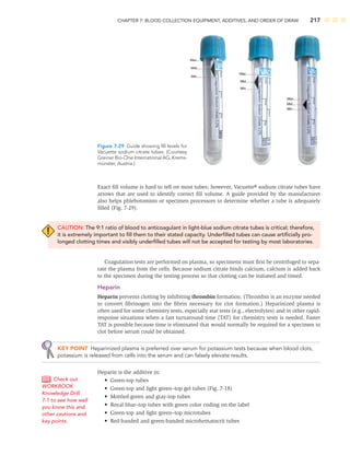 CHAPTER 7: BLOOD COLLECTION EQUIPMENT, ADDITIVES, AND ORDER OF DRAW 217
Exact ﬁll volume is hard to tell on most tubes; however, Vacuette® sodium citrate tubes have
arrows that are used to identify correct ﬁll volume. A guide provided by the manufacturer
also helps phlebotomists or specimen processors to determine whether a tube is adequately
ﬁlled (Fig. 7-29).
CAUTION: The 9:1 ratio of blood to anticoagulant in light-blue sodium citrate tubes is critical; therefore,
it is extremely important to ﬁll them to their stated capacity. Underﬁlled tubes can cause artiﬁcially pro-
longed clotting times and visibly underﬁlled tubes will not be accepted for testing by most laboratories.
Coagulation tests are performed on plasma, so specimens must ﬁrst be centrifuged to sepa-
rate the plasma from the cells. Because sodium citrate binds calcium, calcium is added back
to the specimen during the testing process so that clotting can be initiated and timed.
Heparin
Heparin prevents clotting by inhibiting thrombin formation. (Thrombin is an enzyme needed
to convert ﬁbrinogen into the ﬁbrin necessary for clot formation.) Heparinized plasma is
often used for some chemistry tests, especially stat tests (e.g., electrolytes) and in other rapid-
response situations when a fast turnaround time (TAT) for chemistry tests is needed. Faster
TAT is possible because time is eliminated that would normally be required for a specimen to
clot before serum could be obtained.
KEY POINT Heparinized plasma is preferred over serum for potassium tests because when blood clots,
potassium is released from cells into the serum and can falsely elevate results.
Heparin is the additive in:
• Green-top tubes
• Green-top and light green–top gel tubes (Fig. 7-18)
• Mottled-green and gray-top tubes
• Royal blue–top tubes with green color coding on the label
• Green-top and light green–top microtubes
• Red-banded and green-banded microhematocrit tubes
Check out
WORKBOOK
Knowledge Drill
7-1 to see how well
you know this and
other cautions and
key points.
Figure 7-29 Guide showing ﬁll levels for
Vacuette sodium citrate tubes. (Courtesy
Greiner Bio-One International AG, Krems-
münster, Austria.)
 