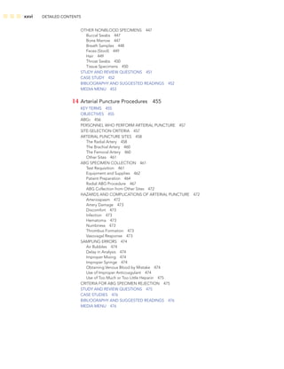 xxvi DETAILED CONTENTS
OTHER NONBLOOD SPECIMENS 447
Buccal Swabs 447
Bone Marrow 447
Breath Samples 448
Feces (Stool) 449
Hair 449
Throat Swabs 450
Tissue Specimens 450
STUDY AND REVIEW QUESTIONS 451
CASE STUDY 452
BIBLIOGRAPHY AND SUGGESTED READINGS 452
MEDIA MENU 453
14 Arterial Puncture Procedures 455
KEY TERMS 455
OBJECTIVES 455
ABGS 456
PERSONNEL WHO PERFORM ARTERIAL PUNCTURE 457
SITE-SELECTION CRITERIA 457
ARTERIAL PUNCTURE SITES 458
The Radial Artery 458
The Brachial Artery 460
The Femoral Artery 460
Other Sites 461
ABG SPECIMEN COLLECTION 461
Test Requisition 461
Equipment and Supplies 462
Patient Preparation 464
Radial ABG Procedure 467
ABG Collection from Other Sites 472
HAZARDS AND COMPLICATIONS OF ARTERIAL PUNCTURE 472
Arteriospasm 472
Artery Damage 473
Discomfort 473
Infection 473
Hematoma 473
Numbness 473
Thrombus Formation 473
Vasovagal Response 473
SAMPLING ERRORS 474
Air Bubbles 474
Delay in Analysis 474
Improper Mixing 474
Improper Syringe 474
Obtaining Venous Blood by Mistake 474
Use of Improper Anticoagulant 474
Use of Too Much or Too Little Heparin 475
CRITERIA FOR ABG SPECIMEN REJECTION 475
STUDY AND REVIEW QUESTIONS 475
CASE STUDIES 476
BIBLIOGRAPHY AND SUGGESTED READINGS 476
MEDIA MENU 476
 