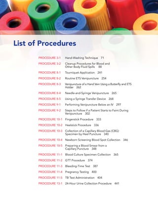 xxviii UNIT IV: SPECIAL PROCEDURES AND ADDITIONAL DUTIES
List of Procedures
PROCEDURE 3-1 Hand-Washing Technique 71
PROCEDURE 3-2 Cleanup Procedures for Blood and
Other Body Fluid Spills 88
PROCEDURE 8-1 Tourniquet Application 241
PROCEDURE 8-2 Routine ETS Venipuncture 254
PROCEDURE 8-3 Venipuncture of a Hand Vein Using a Butterﬂy and ETS
Holder 262
PROCEDURE 8-4 Needle-and-Syringe Venipuncture 265
PROCEDURE 8-5 Using a Syringe Transfer Device 268
PROCEDURE 9-1 Performing Venipuncture Below an IV 297
PROCEDURE 9-2 Steps to Follow if a Patient Starts to Faint During
Venipuncture 302
PROCEDURE 10-1 Fingerstick Procedure 333
PROCEDURE 10-2 Heelstick Procedure 336
PROCEDURE 10-3 Collection of a Capillary Blood Gas (CBG)
Specimen by Heel Puncture 340
PROCEDURE 10-4 Newborn Screening Blood Spot Collection 346
PROCEDURE 10-5 Preparing a Blood Smear from a
Capillary Puncture 348
PROCEDURE 11-1 Blood Culture Specimen Collection 365
PROCEDURE 11-2 GTT Procedure 374
PROCEDURE 11-3 Bleeding-Time Test 387
PROCEDURE 11-4 Pregnancy Testing 400
PROCEDURE 11-5 TB Test Administration 404
PROCEDURE 13-1 24-Hour Urine Collection Procedure 441
 