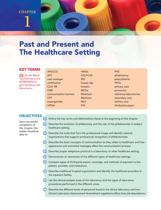 OBJECTIVES
Upon successful
completion of
this chapter, the
reader should be
able to:
AHCCCS
APC
case manager
certiﬁcation
CLIA ’88
CMS
communication barriers
CPT
exsanguinate
HIPAA
HMOs
ICD-9-CM
IDS
kinesic slip
kinesics
MCOs
Medicaid
Medicare
MLS
PHI
PHS
phlebotomy
polycythemia
PPOs
primary care
proxemics
reference laboratories
secondary care
tertiary care
third-party payer
KEY TERMS
Do the Match-
ing Exercises in the
WORKBOOK to
gain familiarity with
these terms.
Past and Present and
The Healthcare Setting
CHAPTER
1
1 Deﬁne the key terms and abbreviations listed at the beginning of this chapter.
2 Describe the evolution of phlebotomy and the role of the phlebotomist in today’s
healthcare setting.
3 Describe the traits that form the professional image and identify national
organizations that support professional recognition of phlebotomists.
4 Describe the basic concepts of communication as they relate to healthcare and how
appearance and nonverbal messages affect the communication process.
5 Describe proper telephone protocol in a laboratory or other healthcare setting.
6 Demonstrate an awareness of the different types of healthcare settings.
7 Compare types of third-party payers, coverage, and methods of payment to the
patient, provider, and institutions.
8 Describe traditional hospital organization and identify the healthcare providers in
the inpatient facility.
9 List the clinical analysis areas of the laboratory and the types of laboratory
procedures performed in the different areas.
10 Describe the different levels of personnel found in the clinical laboratory and how
Clinical Laboratory Improvement Amendment regulations affect their job descriptions.
 