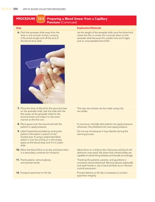 350 UNIT III: BLOOD COLLECTION PROCEDURES
Step Explanation/Rationale
6. Push the spreader slide away from the Let the weight of the spreader slide carry the blood and
drop in one smooth motion, carrying create the ﬁlm or smear. Do not push down on the
it the entire length and off the end of spreader slide because this creates lines and ridges
the blood drop slide. and an unacceptable blood ﬁlm.
PROCEDURE 10-5 Preparing a Blood Smear from a Capillary
Puncture (Continued)
7. Place the drop of blood for the second smear This way, two smears can be made using only
on the spreader slide. Use the slide with the two slides.
ﬁrst smear as the spreader slide for the
second smear and make it in the same
manner as the ﬁrst one.
8. Place gauze over the wound and ask the A conscious, mentally alert patient can apply pressure;
patient to apply pressure. otherwise, the phlebotomist must apply pressure.
9. Label frosted blood slides by writing the Do not use ink because it may dissolve during the
patient information in pencil on the staining process.
frosted area. If using a preprinted label,
attach it over the writing or in the empty
space at the blood drop end if it is a plain
slide.
10. Allow the blood ﬁlms to air-dry and place them Never blow on a slide to dry it because red blood cell
in a secondary container for transport. distortion may result. Be aware that unﬁxed slides are
capable of transmitting disease and handle accordingly.
11. Thank patient, remove gloves, Thanking the patients, parents, and guardians is
and sanitize hands. courteous and professional. Remove gloves aseptically
and wash hands or use a hand sanitizer as an infection
control precaution.
12. Transport specimen to the lab. Prompt delivery to the lab is necessary to protect
specimen integrity.
 