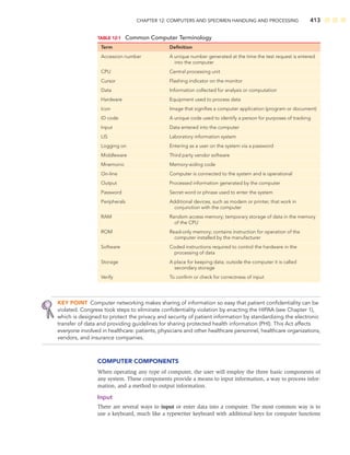 CHAPTER 12: COMPUTERS AND SPECIMEN HANDLING AND PROCESSING 413
KEY POINT Computer networking makes sharing of information so easy that patient conﬁdentiality can be
violated. Congress took steps to eliminate conﬁdentiality violation by enacting the HIPAA (see Chapter 1),
which is designed to protect the privacy and security of patient information by standardizing the electronic
transfer of data and providing guidelines for sharing protected health information (PHI). This Act affects
everyone involved in healthcare: patients, physicians and other healthcare personnel, healthcare organizations,
vendors, and insurance companies.
COMPUTER COMPONENTS
When operating any type of computer, the user will employ the three basic components of
any system. These components provide a means to input information, a way to process infor-
mation, and 